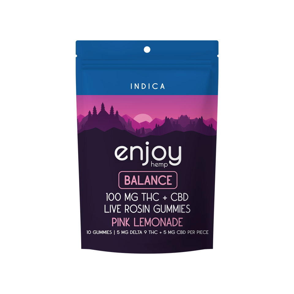 Live Rosin Microdose THC:CBD 1:1 100mg Gummies for Balance (Indica-Infused Pink Lemonade) - 10 mg each (5 mg Delta 9 THC + 5 mg of CBD) | 10 gummies